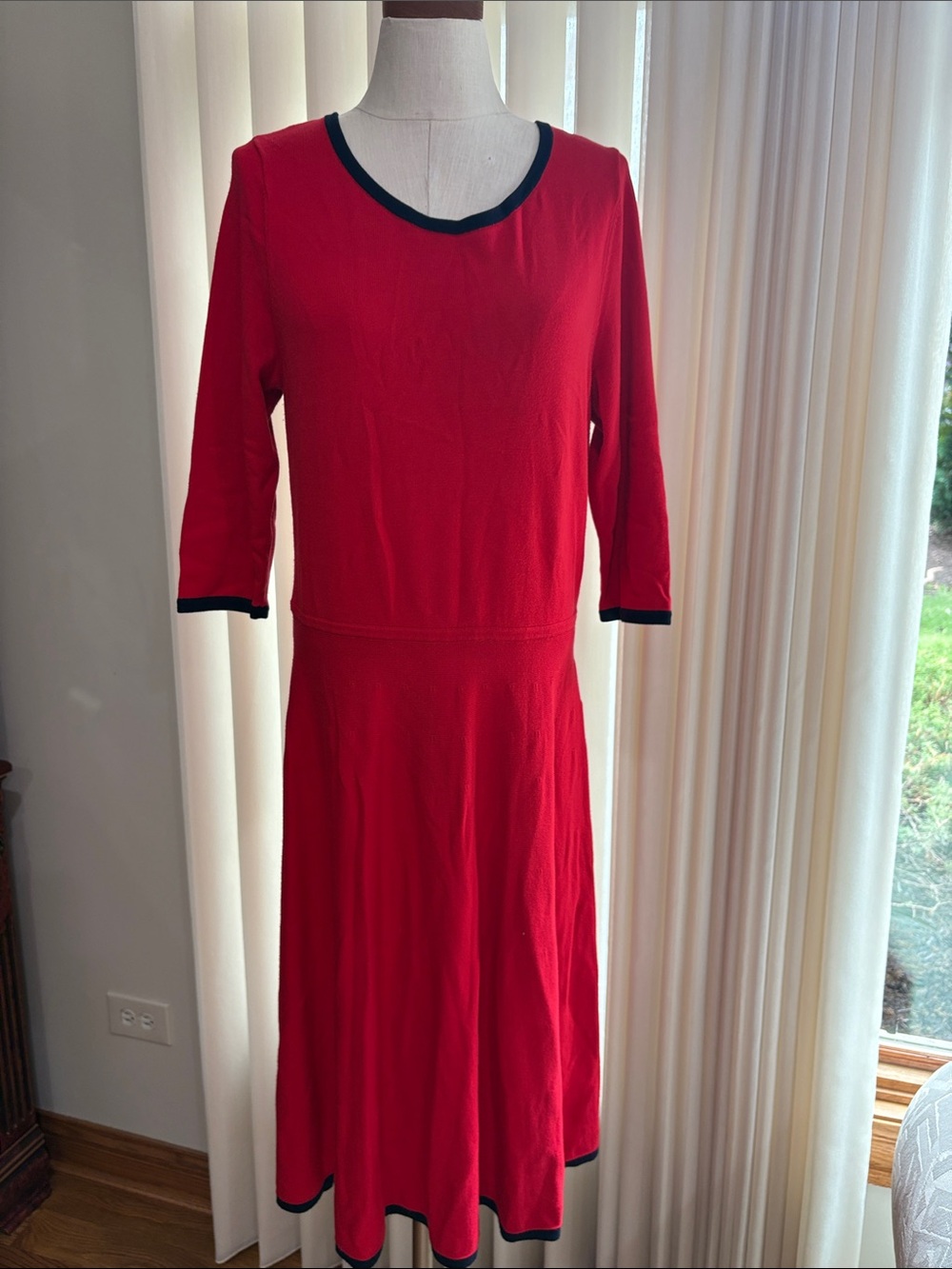 Talbots Red fit and flare Midi sweater Dress Black Trim 3/4 sleeve size Large